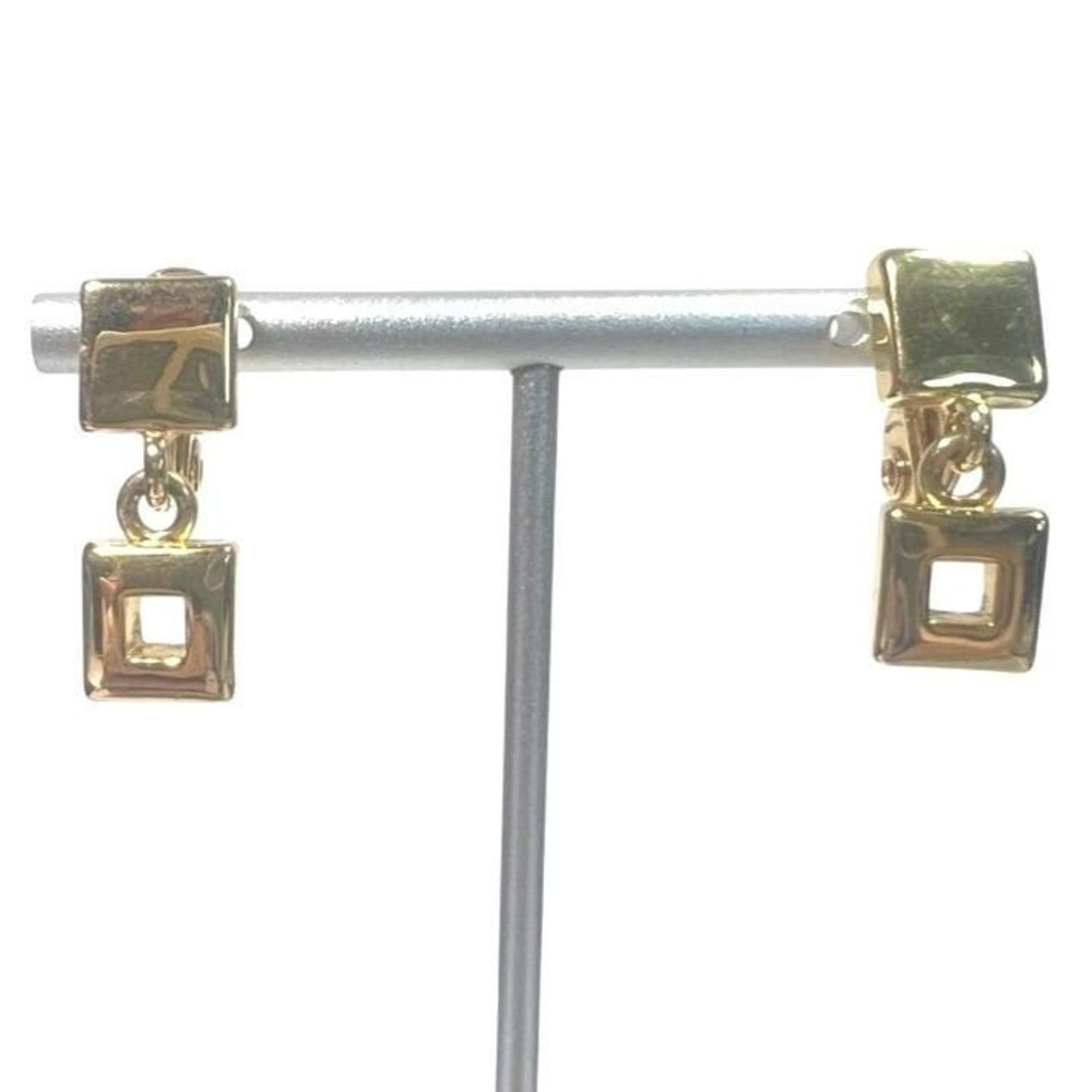 Vintage Monet Geometric‎ Earrings 1" Dangle Clip on  Square Gold tone